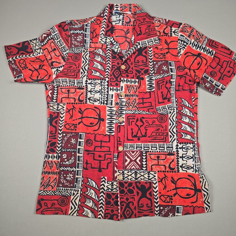Vintage 90s Islander Hawaiian Shirt Medium Red Tribal Petroglyph Patchwork
